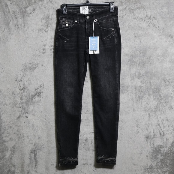 MAC Jeans Womens 27x28 Black Rich Slim Chic Chain Glam Ankle Zip Studded Raw Hem